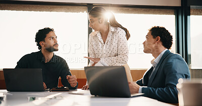 Buy stock photo Group, meeting and discussion in office with laptop for financial project, budget planning or review. Flare, team collaboration and business people at work with computer, feedback and investment idea