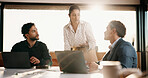 Group, business people and discussion in office with laptop for financial project, budget or review. Flare, team collaboration and planning in meeting with computer, feedback and investment idea