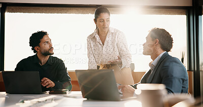 Buy stock photo Group, business people and discussion in office with laptop for financial project, budget or review. Flare, team collaboration and planning in meeting with computer, feedback and investment idea