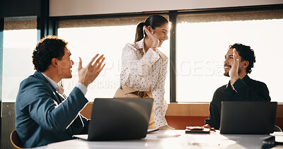 Buy stock photo Team, high five and business people in office with laptop for agreement, celebration or budget plan. Meeting, success and financial advisors with tech for investment, negotiation or proposal planning