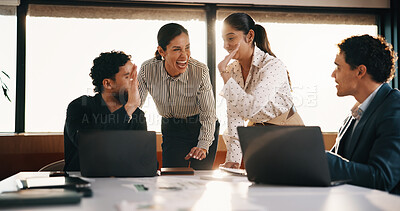 Buy stock photo Business, team and happy with high five in meeting for case celebration, verdict win or justice. Legal counsel, people and excited at firm for strong defense, lawsuit settlement and client mediation