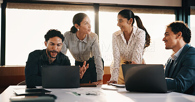 Buy stock photo Group, business people and brainstorming in office with laptop for financial project, budget or idea. Smile, team collaboration and planning in meeting with computer, feedback and investment insight