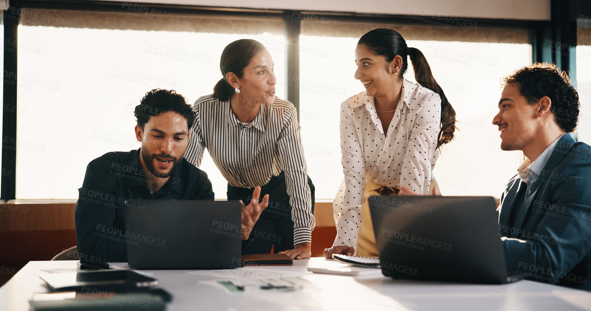 Buy stock photo Group, business people and brainstorming in office with laptop for financial project, budget or idea. Smile, team collaboration and planning in meeting with computer, feedback and investment insight