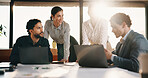 Team, business people and brainstorming in office with laptop for financial project, budget or idea. Flare, happy group and planning in meeting with computer, feedback and investment in company