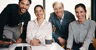 Buy stock photo Happy, teamwork and portrait of business people in office with confidence for legal career. Smile, collaboration and lawyers with manager for professional pride in job opportunity in workplace.