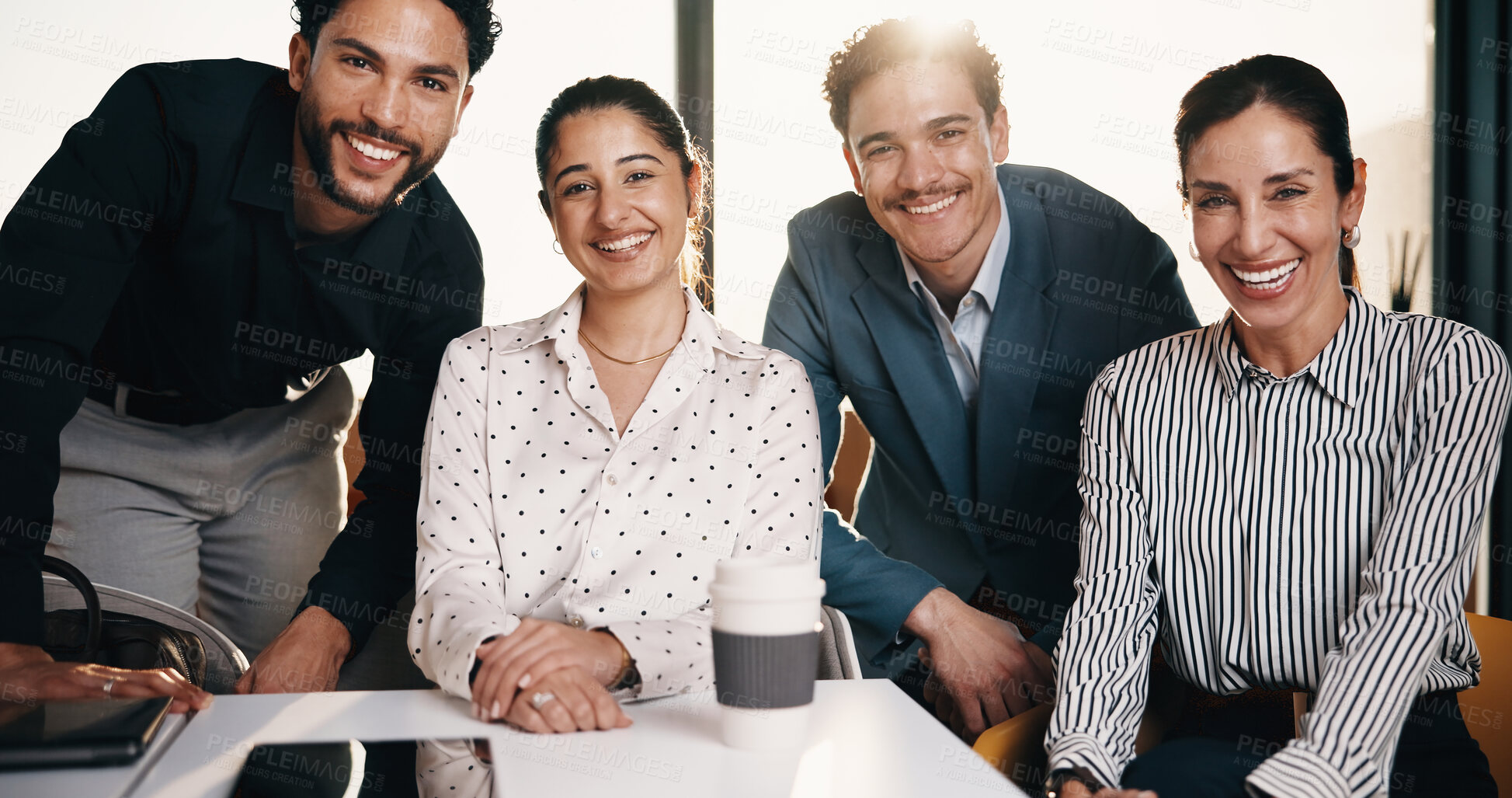 Buy stock photo Happy, teamwork and portrait of business people in office with confidence for legal career. Smile, collaboration and lawyers with manager for professional pride in job opportunity in workplace.