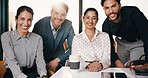 Smile, teamwork and portrait of business people in office with confidence for legal career. Happy, collaboration and lawyers with manager for professional pride in job opportunity in workplace.