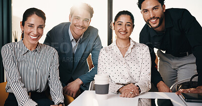 Buy stock photo Smile, teamwork and portrait of business people in office with confidence for legal career. Happy, collaboration and lawyers with manager for professional pride in job opportunity in workplace.