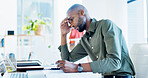 Business, man and stress with documents in office for ad rejection, bad client feedback or headache. Paperwork, media buyer and worry at marketing agency for budget mistake, campaign pressure or info