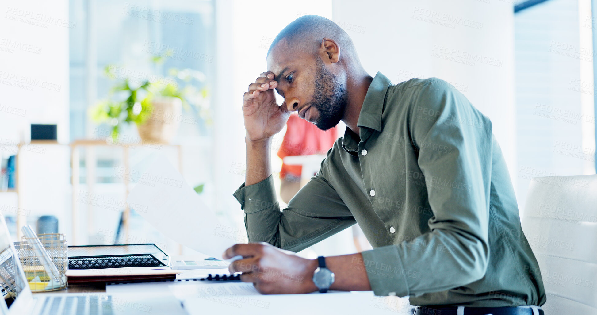 Buy stock photo Business, man and stress with documents in office for ad rejection, bad client feedback or headache. Paperwork, media buyer and worry at marketing agency for budget mistake, campaign pressure or info