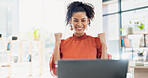 Celebration, computer and woman with fist pump for good news, email or results in office. Reading, excited and happy person with smile for salary increase, job promotion or success for online project