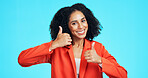Thumbs up, portrait and business woman in studio for promotion, thank you or support for deal. Mockup, emoji and face of worker with hand gesture for approval, agreement or yes on blue background