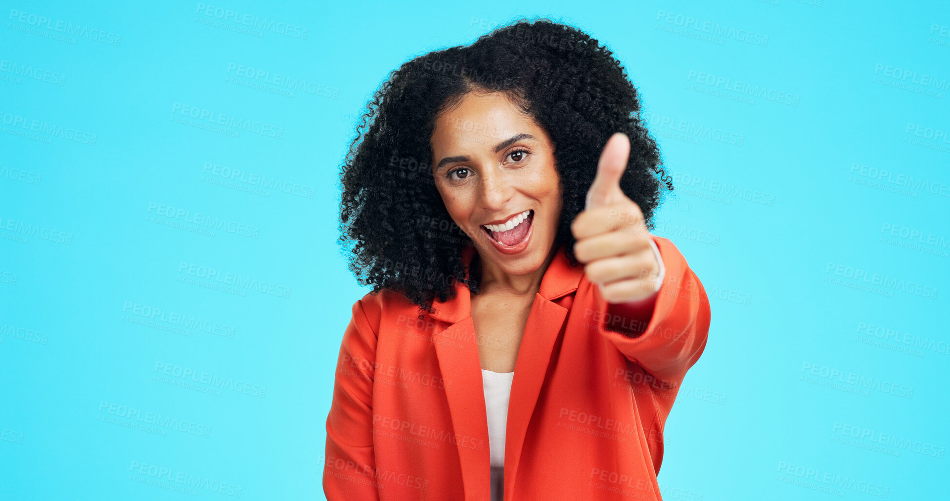 Buy stock photo Thumbs up, portrait and business woman for promotion, thank you or support for deal in studio. Mockup, emoji and face of worker with hand gesture for approval, agreement or yes on blue background