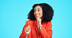 Dance, success and business woman in studio to celebrate bonus, promotion and winning prize. Happy worker, winner and music for achievement, victory or celebration of reward on blue background