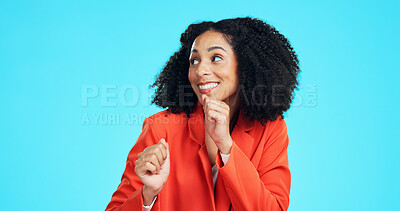 Buy stock photo Dance, success and business woman in studio to celebrate bonus, promotion and winning prize. Happy worker, winner and music for achievement, victory or celebration of reward on blue background