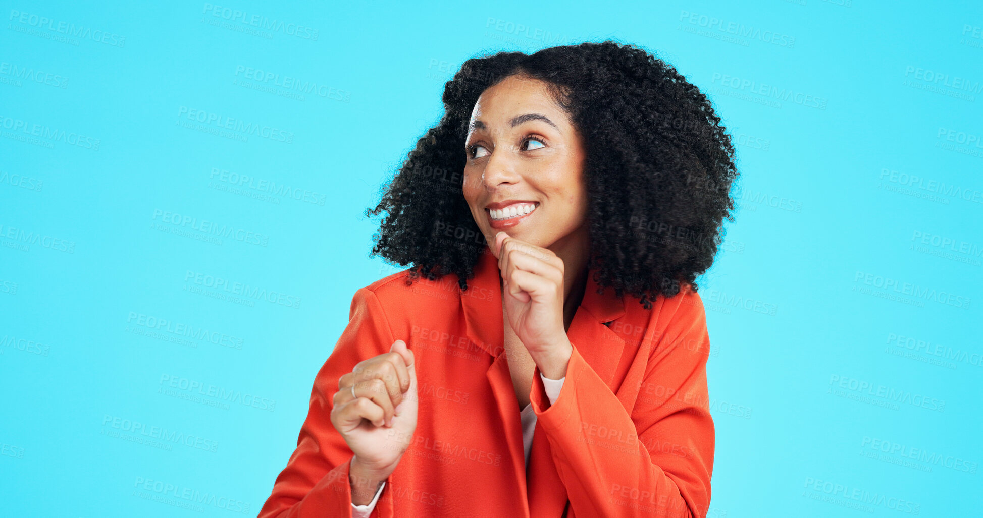 Buy stock photo Dance, success and business woman in studio to celebrate bonus, promotion and winning prize. Happy worker, winner and music for achievement, victory or celebration of reward on blue background