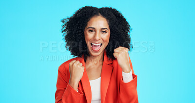 Buy stock photo Portrait, success and business woman with fist pump in studio for celebration or win. Promotion, excited and happy person for lottery, competition or prize for good news or bonus on blue background