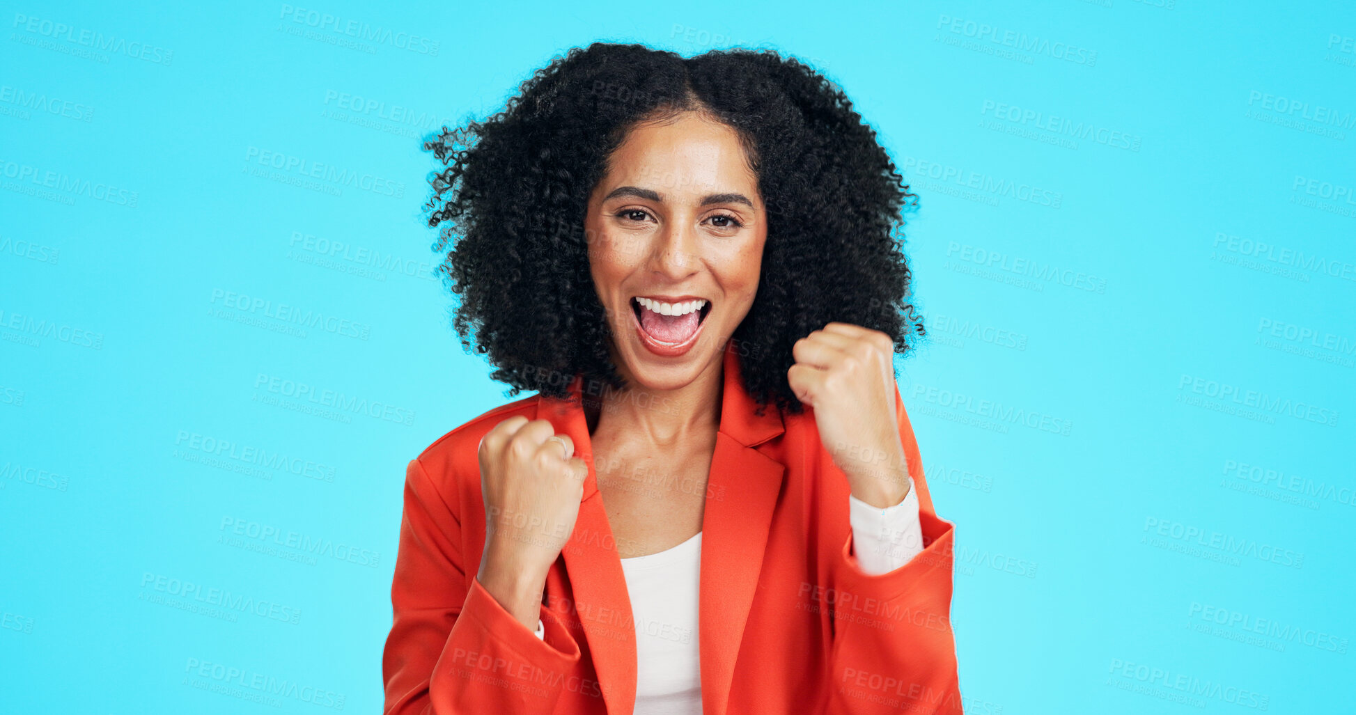 Buy stock photo Portrait, success and business woman with fist pump in studio for celebration or win. Promotion, excited and happy person for lottery, competition or prize for good news or bonus on blue background