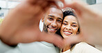 Heart hands, frame and portrait of couple in home on date together for romance in marriage. Happy, emoji and man with woman for love gesture with bonding, anniversary or connection in relationship.
