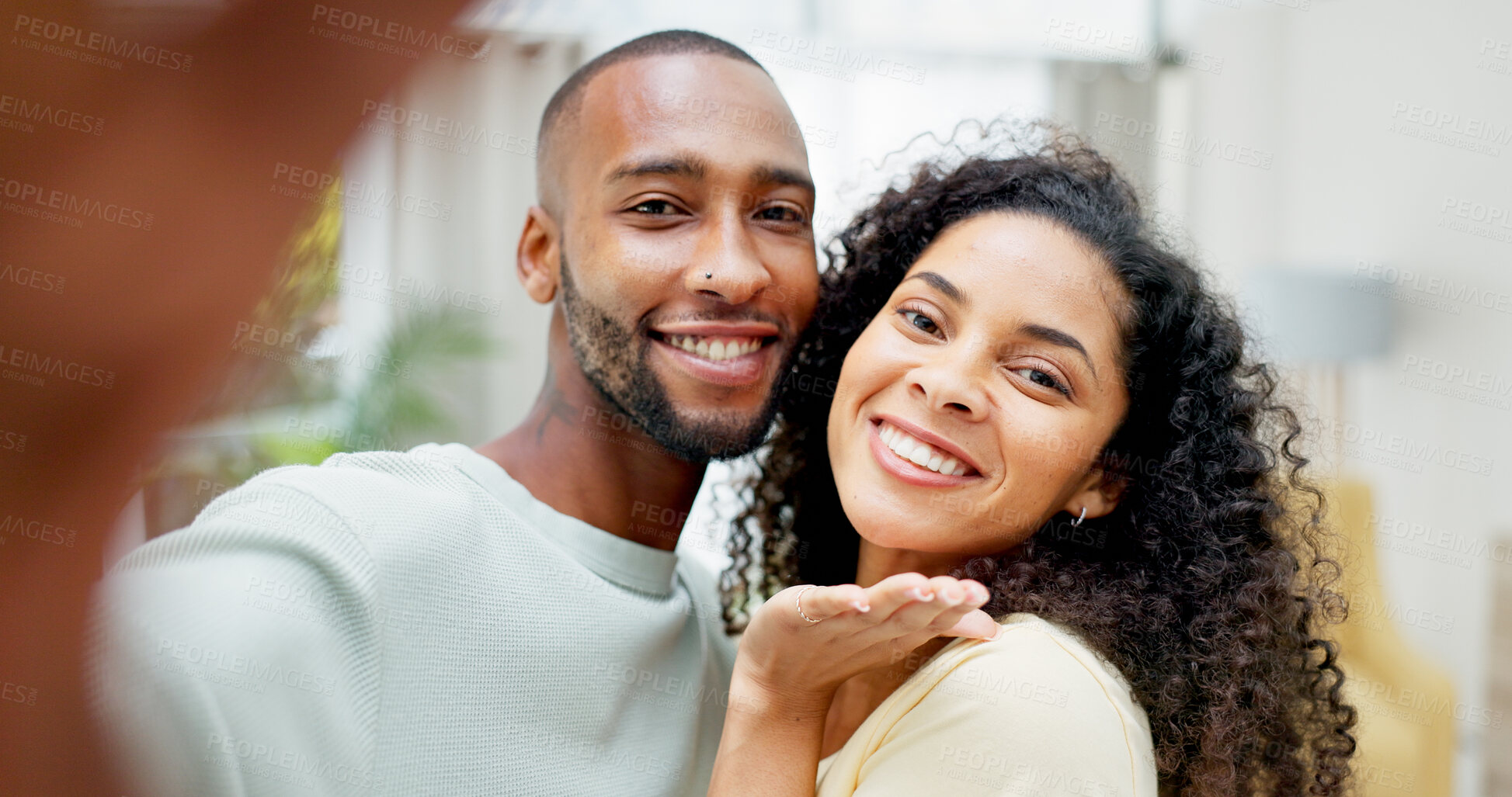 Buy stock photo Portrait, couple and happy with selfie in home for relationship memory, status update and bonding. Support, african people and smile in photo in house for profile picture, connection and online post