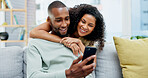 Hug, couple and laugh with phone on sofa for internet meme, social media video and bonding. Love, african people and happy with mobile app in home for funny online post, relationship or weekend break