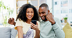 Couple, phone and sofa with celebration, success or good news for loan, bonus or online sale at home. Winner, excited and people with mobile app for registration, sign up or approval of subscription