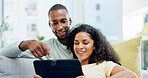 Relax, couple and happy with tablet on sofa for streaming series, internet show and connection. Support, african people and smile with tech in home for watching online film, bonding and weekend break