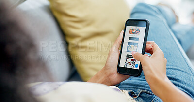 Buy stock photo Hands, phone screen and food delivery in home with choice, online shopping and search for meal. Person, display and ux with ecommerce, digital menu and decision with mobile app on couch at apartment