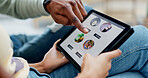 Hands, tablet and food delivery with screen for online order in home, scroll and couple in lounge. People, tech and ui display with customer experience, digital menu and meal with app at apartment