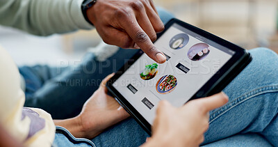 Buy stock photo Hands, tablet and food delivery with screen for online order in home, scroll and couple in lounge. People, tech and ui display with customer experience, digital menu and meal with app at apartment