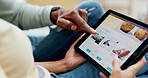 Hands, couple and tablet for holiday with planning in home, search or accommodation on web. People, tech and scroll on ui, screen or website for travel booking, tourism or vacation on app at house