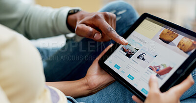 Buy stock photo Hands, couple and tablet for holiday with planning in home, search or accommodation on web. People, tech and scroll on ui, screen or website for travel booking, tourism or vacation on app at house