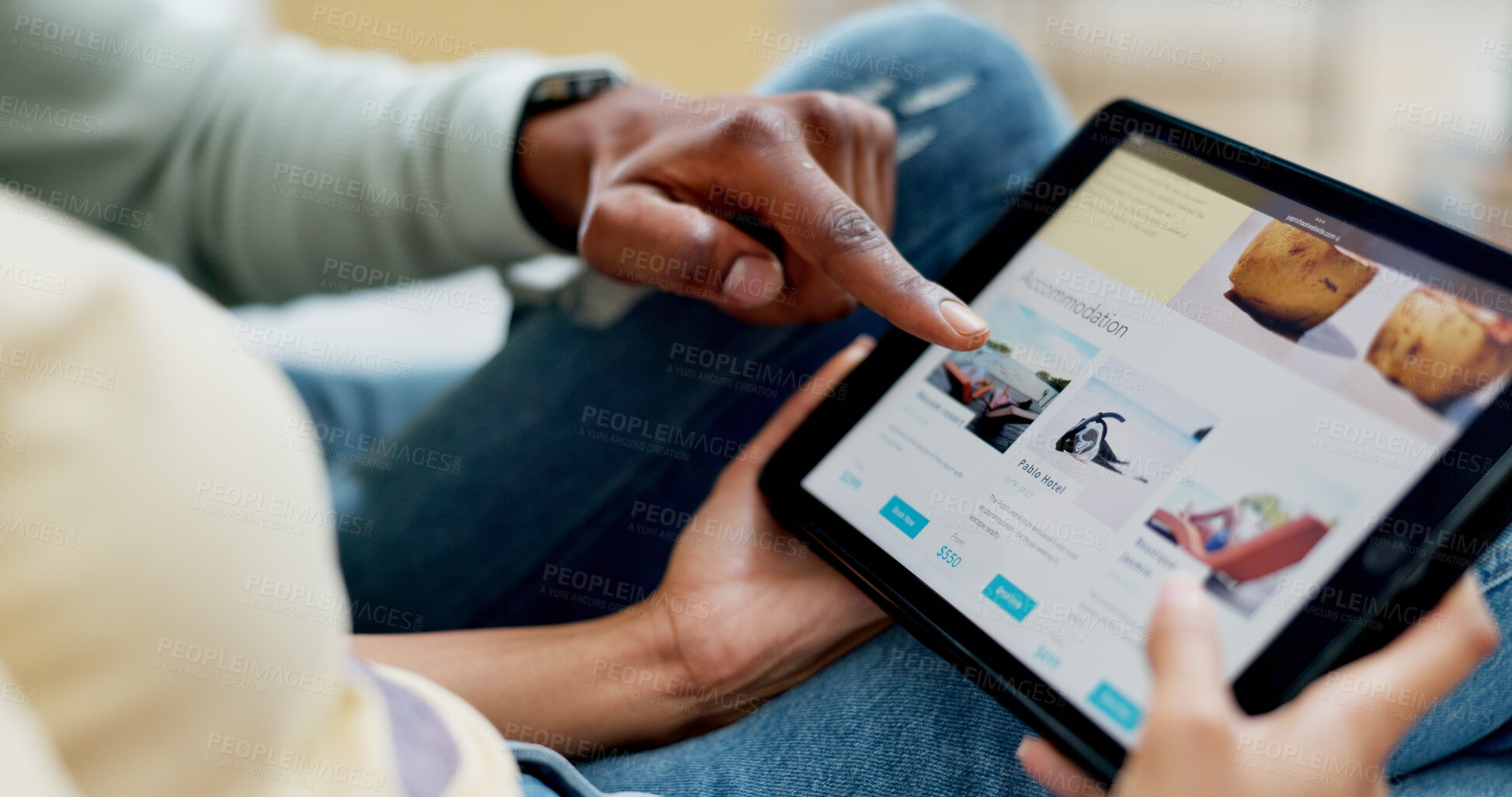 Buy stock photo Hands, couple and tablet for holiday with planning in home, search or accommodation on web. People, tech and scroll on ui, screen or website for travel booking, tourism or vacation on app at house