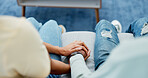 Couple, love and holding hands in therapy for comfort, emotional support and conflict resolution. People, gesture or compassion for understanding, consoling partner and counseling for marriage advice