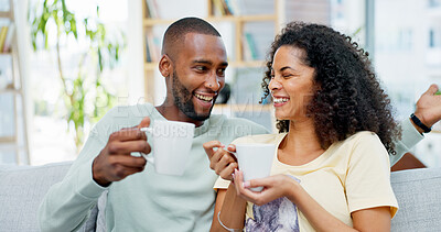 Buy stock photo Coffee, laughing and couple on sofa in home with talking, bonding or funny conversation in living room. Happy, cappuccino and man with woman for connection in relationship at apartment on weekend.