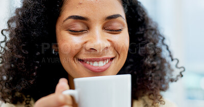 Buy stock photo Happy, smell and woman with coffee cup in home, caffeine aroma and hot beverage for morning routine. Smile, apartment and female person with tea scent for weekend peace, energy boost and start of day