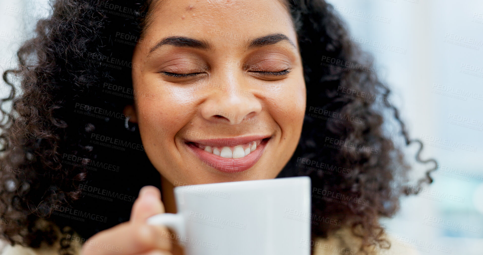 Buy stock photo Happy, smell and woman with coffee cup in home, caffeine aroma and hot beverage for morning routine. Smile, apartment and female person with tea scent for weekend peace, energy boost and start of day