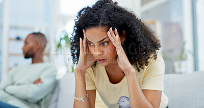 Buy stock photo Argument, stress and woman on sofa in home with infidelity, cheating or toxic marriage with divorce. Upset, couple and female person in living room for disagreement in relationship with breakup.