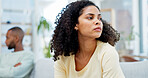 Ignore, couple or sad woman with thinking on couch, breakup decision or conflict for affair confession. Fight reflection, upset or African people with cheating dispute for separation, home or choice
