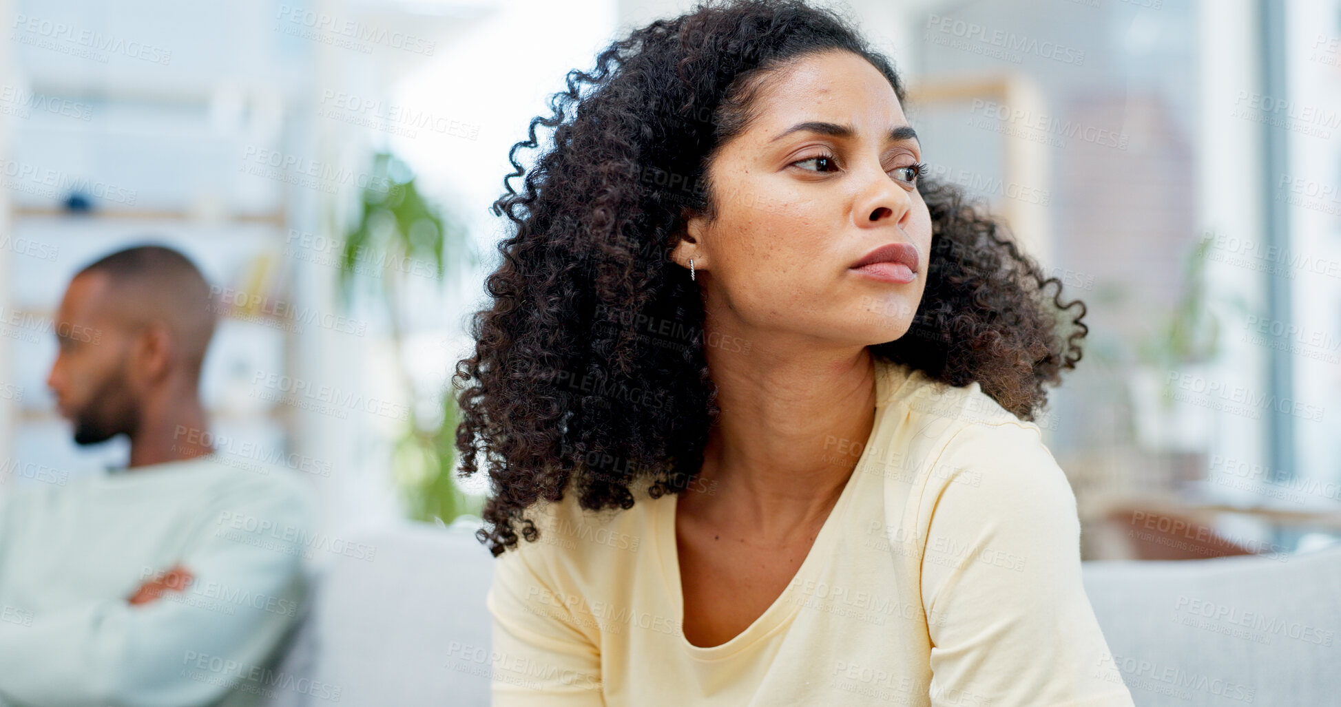 Buy stock photo Ignore, couple or sad woman with thinking on couch, breakup decision or conflict for affair confession. Fight reflection, upset or African people with cheating dispute for separation, home or choice