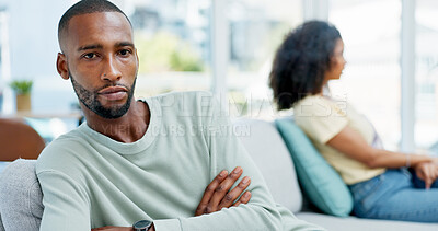 Buy stock photo Ignore, couple and sad man with thinking on couch, breakup decision and conflict for affair confession. Fight reflection, angry and African people with cheating dispute for separation, home or choice