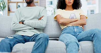 Buy stock photo Angry, hands and couple with arms crossed on couch, breakup argument and marriage affair for dispute. Upset, conflict and frustrated people with trust problem for cheating, divorce tension and home
