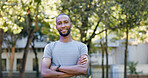 Crossed arms, fitness and portrait of black man in nature with confidence for workout, training or health. Wellness, happy and African male person with pride for exercise, active or sports outdoor.