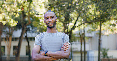 Buy stock photo Crossed arms, fitness and portrait of black man in nature with confidence for workout, training or health. Wellness, happy and African male person with pride for exercise, active or sports outdoor.