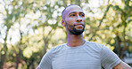 Thinking, athlete and black man for fitness outdoor with vision, morning fresh air and exercise ideas. Confident, male person and runner with mindset, sports reflection and daydreaming for wellness