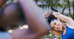 Fitness, smile and woman stretching with personal trainer for cardio, workout or training. Sports, health and female athlete with coach and arm warm up for exercise or muscle flexibility in park