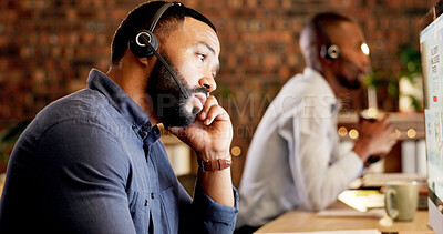 Buy stock photo Tired, man and consultant with headset for fatigue, burnout or mistake in call center office. Exhausted, male person or bored agent with mic on computer for difficult tasks or coworking in workplace