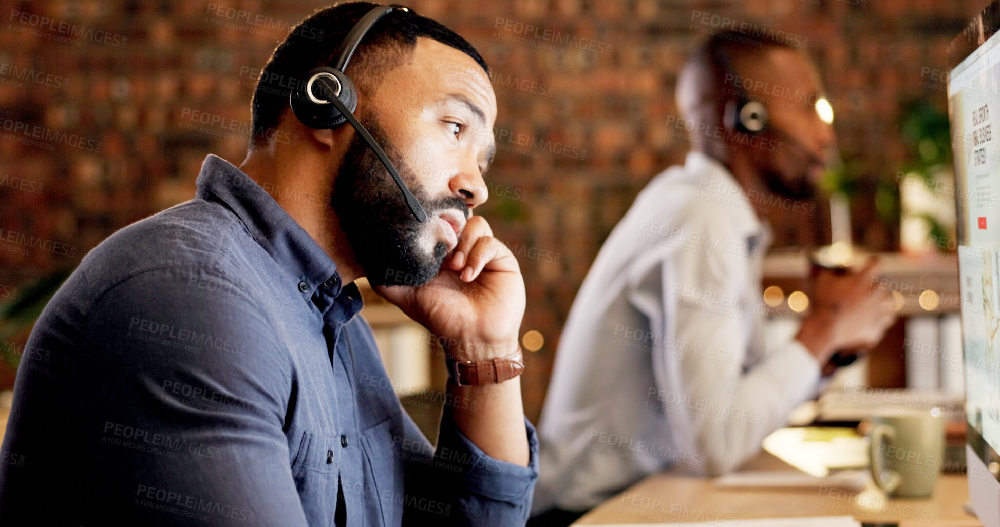 Buy stock photo Tired, man and consultant with headset for fatigue, burnout or mistake in call center office. Exhausted, male person or bored agent with mic on computer for difficult tasks or coworking in workplace