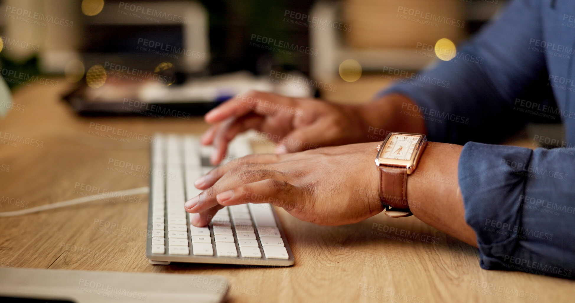 Buy stock photo Office, keyboard and hands of man at night for online project, finance proposal and audit deadline. Corporate, business and person on computer for financial report, investment and research on website