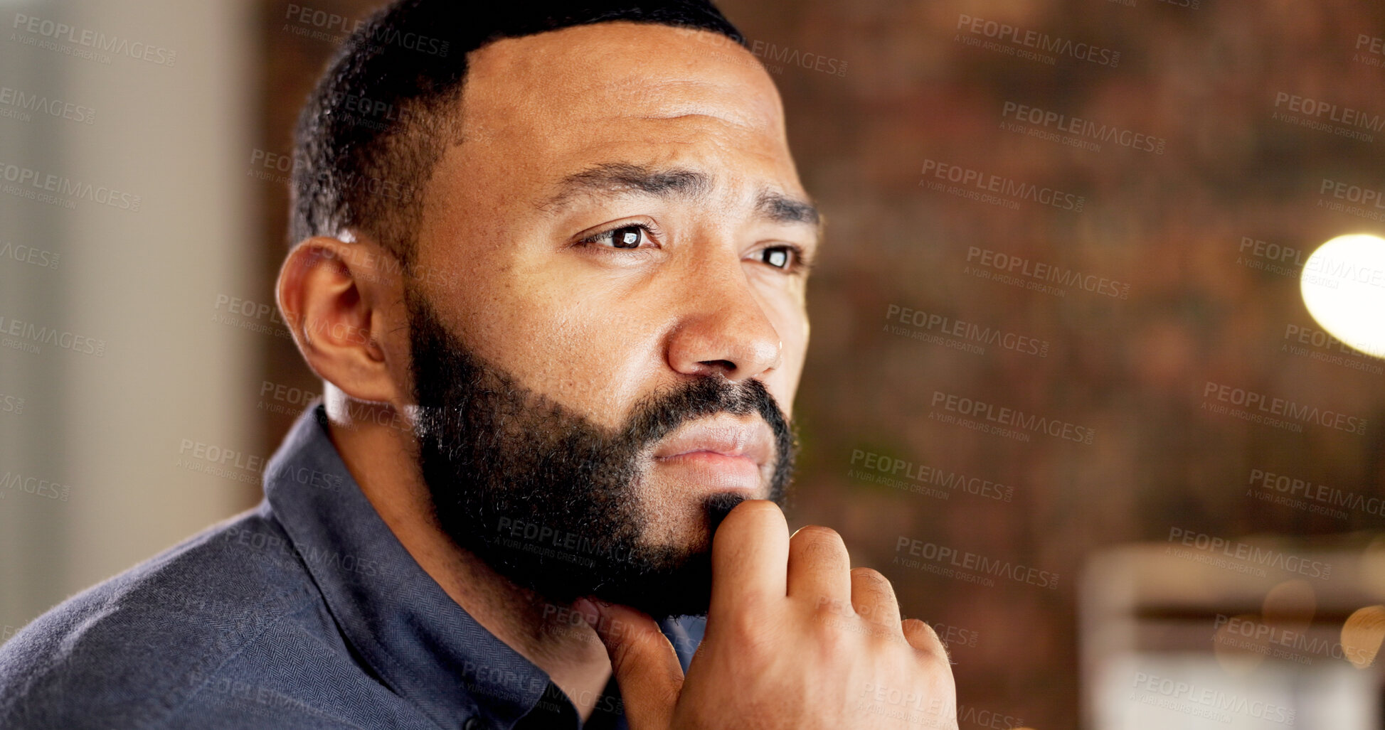 Buy stock photo Thinking, night and business man in office with idea for finance proposal, investment and decision. Corporate, space and person with reflection for problem solving, financial solution and planning